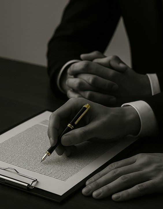 Ejecutivo sosteniendo pluma sobre documento en escritorio profesional, imagen simbólica de decisión laboral, contrato de confianza o firma estratégica