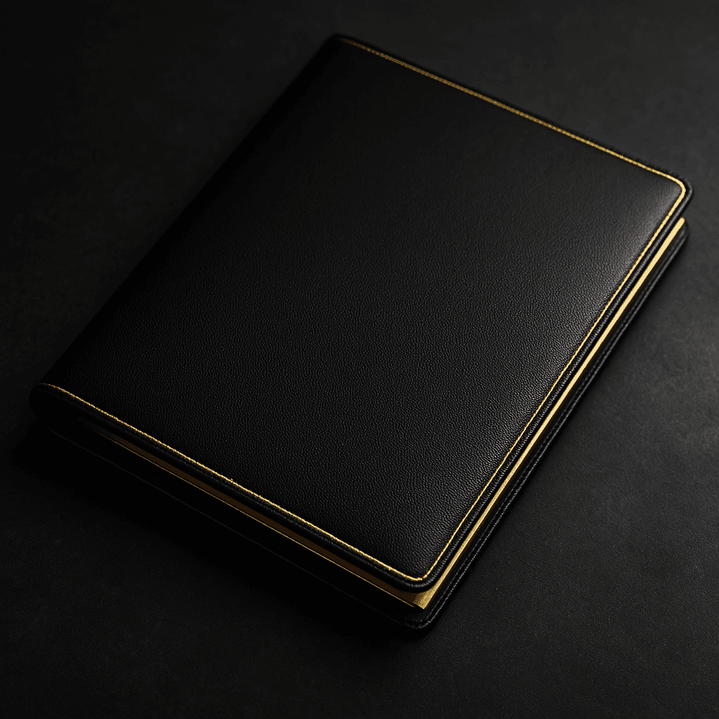 carpeta negra con bordes dorados sobre una superficie de negocio elegantemente iluminada, muestra prestigio, y profesionalismo