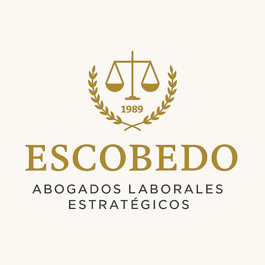Logotipo institucional de Escobedo Abogados con balanza dorada y laureles, símbolo de defensa legal estratégica para ejecutivos y trabajadores de confianza