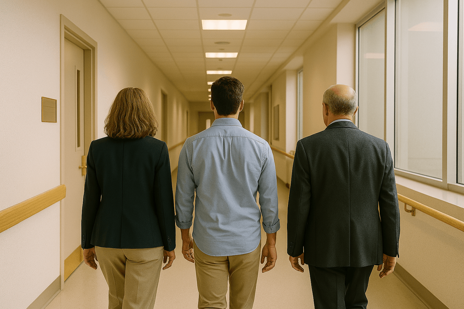 Tres personas que representan las distintas fases de la vida humana en comunidad, caminando por un pasillo de hospital limpio. Representa el avance en la calidad del bienestar