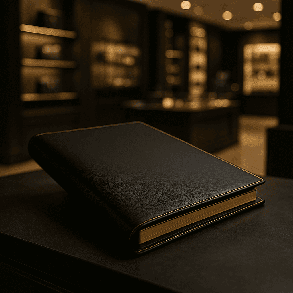 libreta de estilo formal frente a la barra de un restaurante elegante, representa la seriedad de los negocios