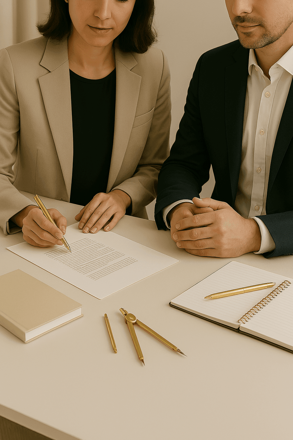 Abogados revisando documentación y contratos, elegantemente vestidos, plumas doradas y herramientas de medición acompañan